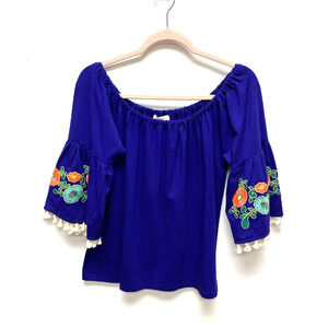 Umgee USA Womens Blue Embroidered Boho Tasseled Off The Shoulder Peasant Top S